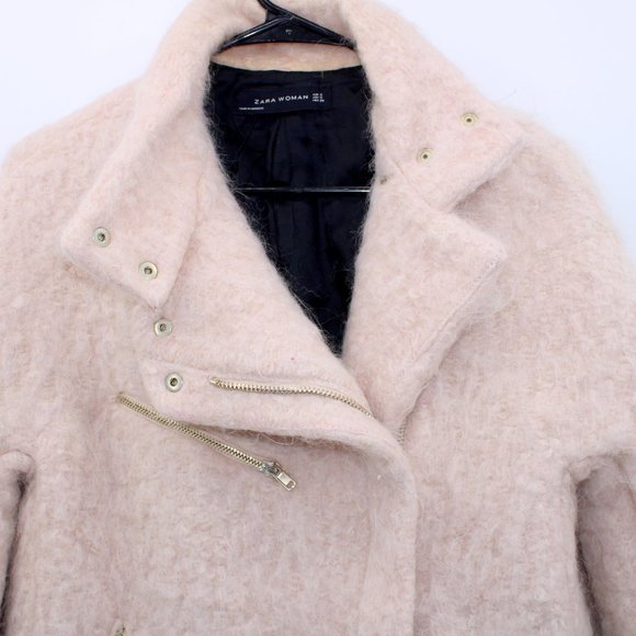 Zara Women Blush Pale Pink Fuzzy Cropped Moto Jacket - Picture 2 of 10
